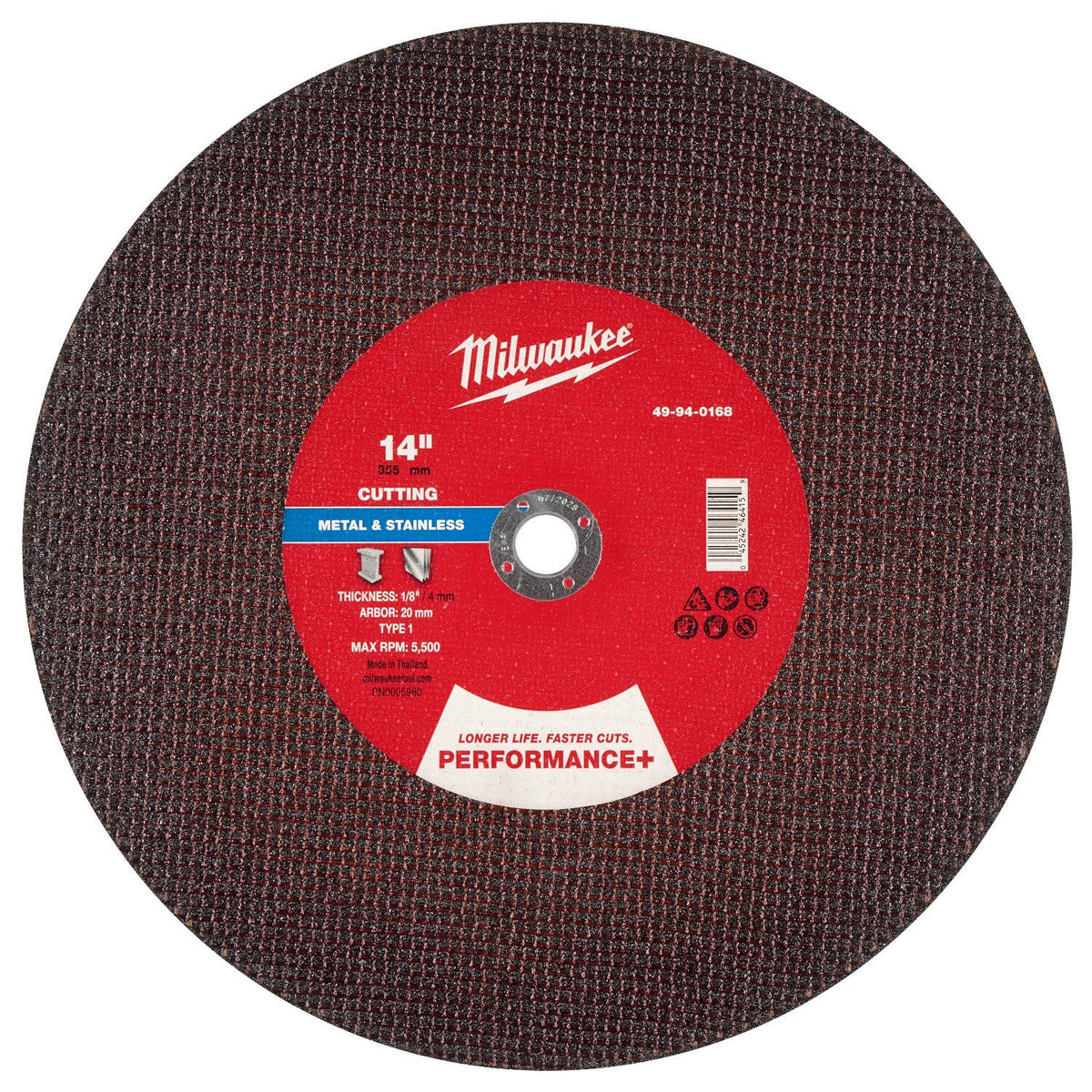 Milwaukee 49-94-0168 14 in x 1/8 in x 20mm Performance+ Metal Cut Off Wheel Type 1 (10 Pack)