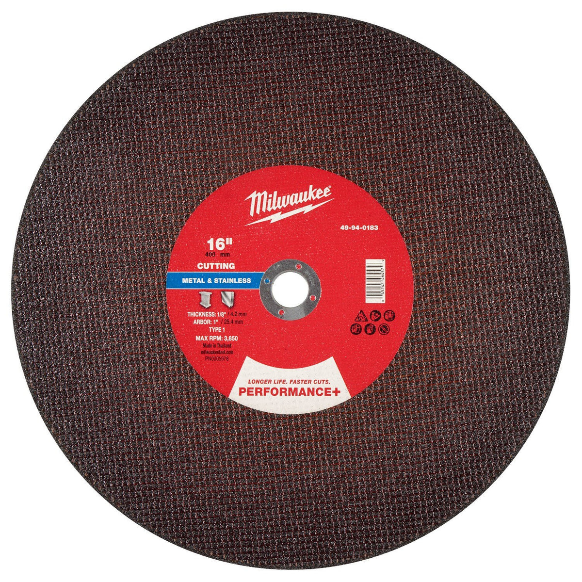 Milwaukee 49-94-0183 16 in. x 1/8 in. x 1 in. Performance+ Type 1 Metal Cut Off Wheel for Handheld Cut Off Saws (10 Pack)