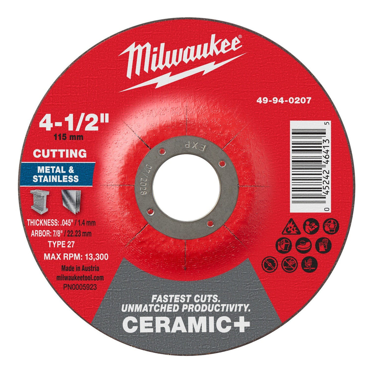 Milwaukee 49-94-0207 4-1/2 in. x 0.045 in. x 7/8 in. Ceramic+ Metal Cut-Off Wheel Type 27 for Angle Grinders (25 Pack)