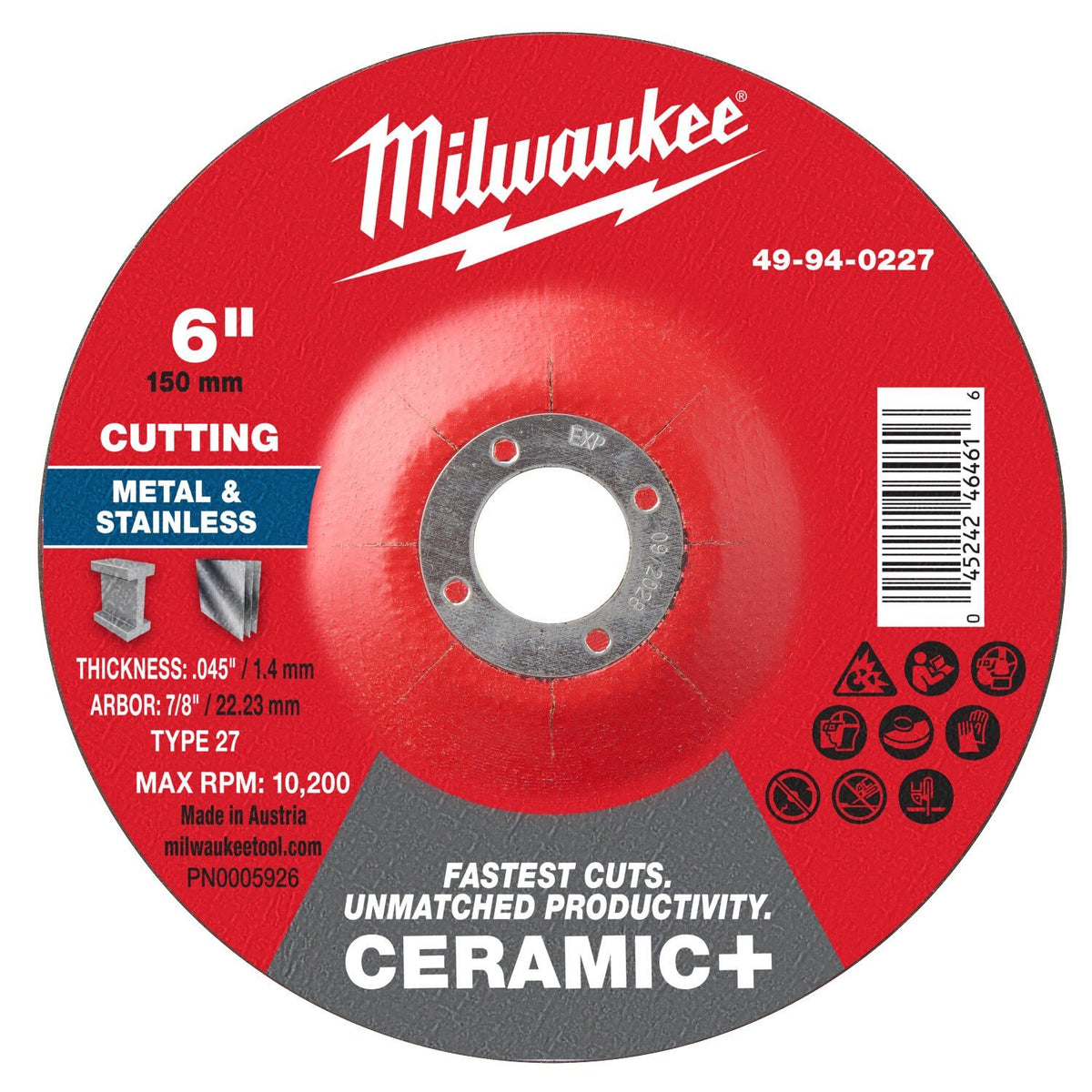 Milwaukee 49-94-0227 6 in x 0.045 in x 7/8 in Ceramic+ Metal Cut Off Wheel Type 27 (25 Pack)