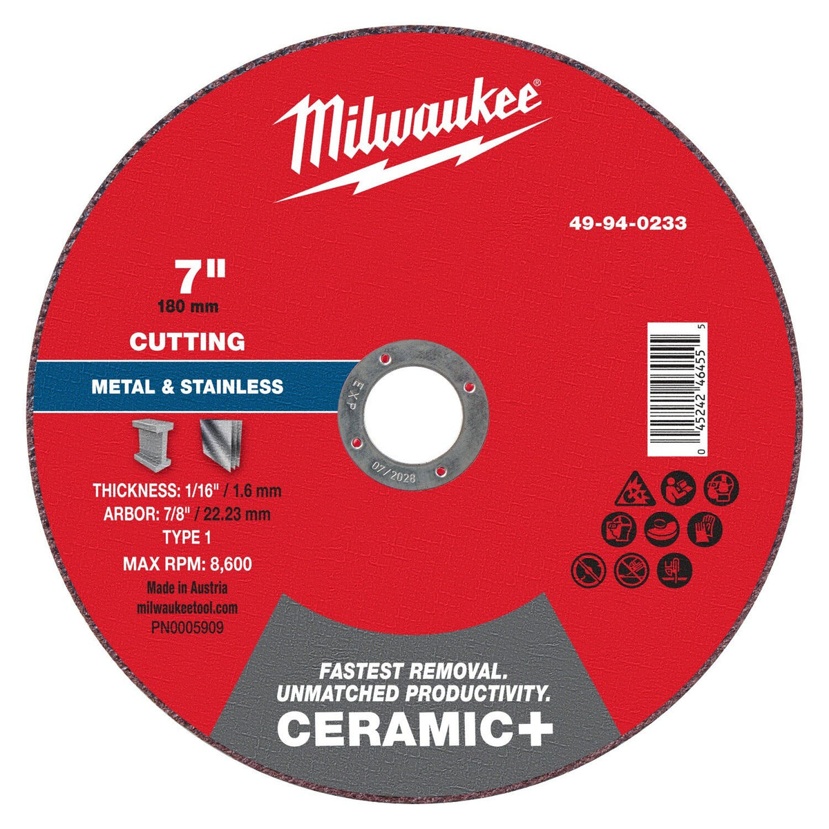 Milwaukee 49-94-0233 7 in x 1-16 in x 7-8 in Ceramic Plus Metal Cut Off Wheel Type 1 (25 Pack)