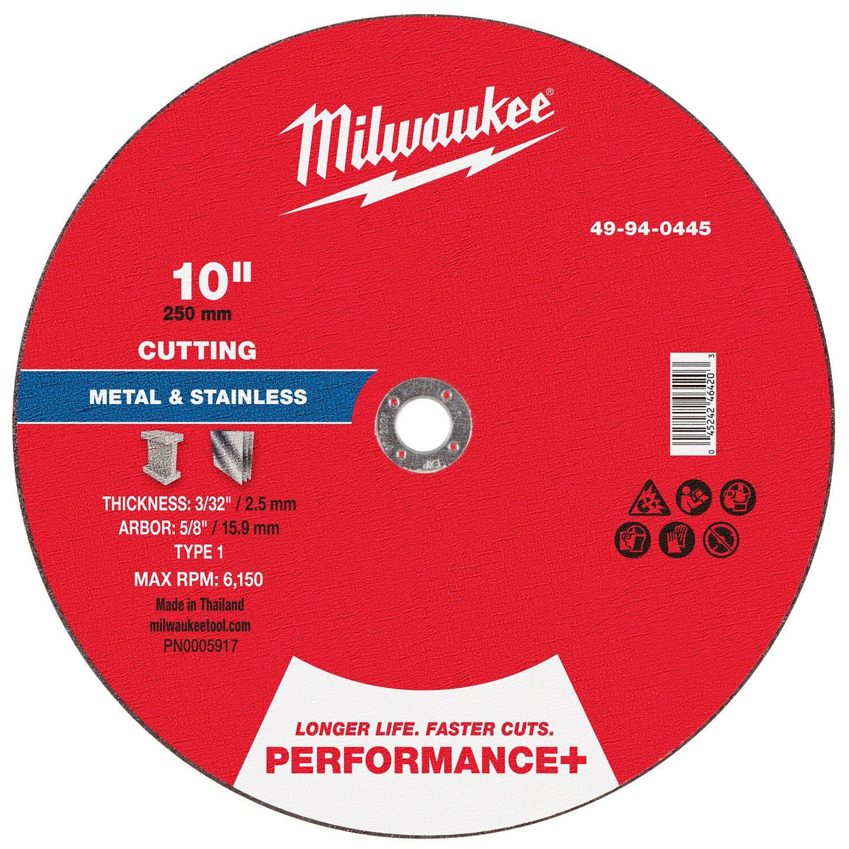 Milwaukee 49-94-0445 10 in. x 3/32 in. x 5/8 in. Performance+ Metal Cut Off Wheel Type 1 (10 Pack)