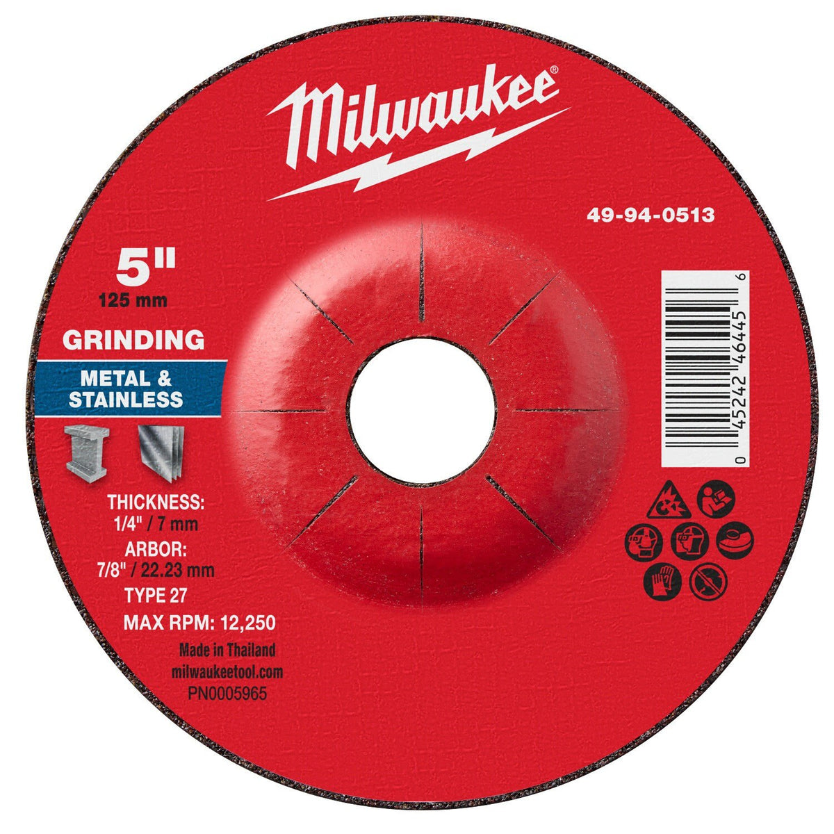 Milwaukee 49-94-0513 5 in. x 1/4 in. x 7/8 in. Type 27 Metal Grinding Wheel (10 Pack)