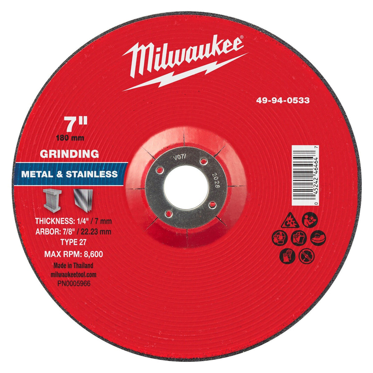 Milwaukee 49-94-0533 7 in. x 1/4 in. x 7/8 in. Type 27 Metal Grinding Wheel for Angle Grinders (10 Pack)