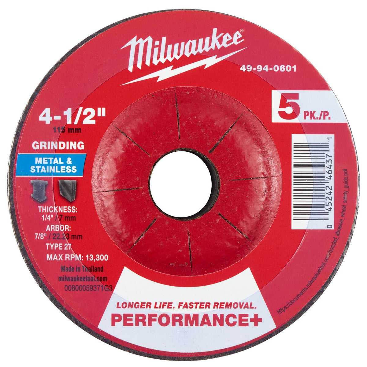 Milwaukee 49-94-0601 4-1/2 in x 1/4 in x 7/8 in Performance Plus Metal Grinding Wheel Type 27 (5 Pack)