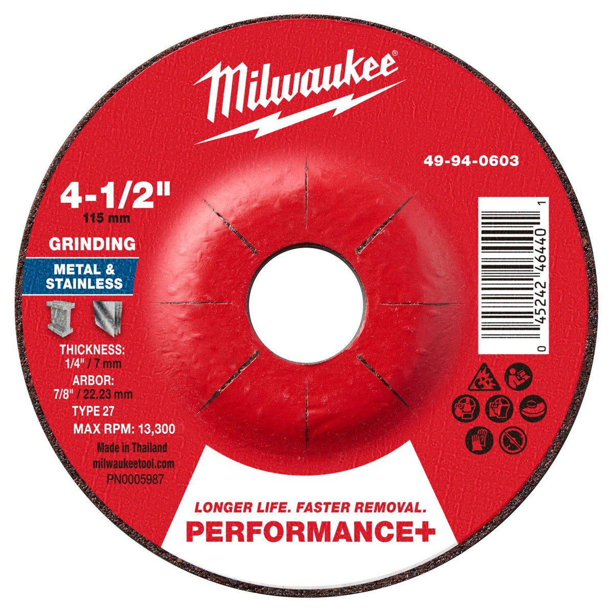 Milwaukee 49-94-0603 4-1/2 in. x 1/4 in. x 7/8 in. Performance Plus Metal Grinding Wheel Type 27  (10 Pack)
