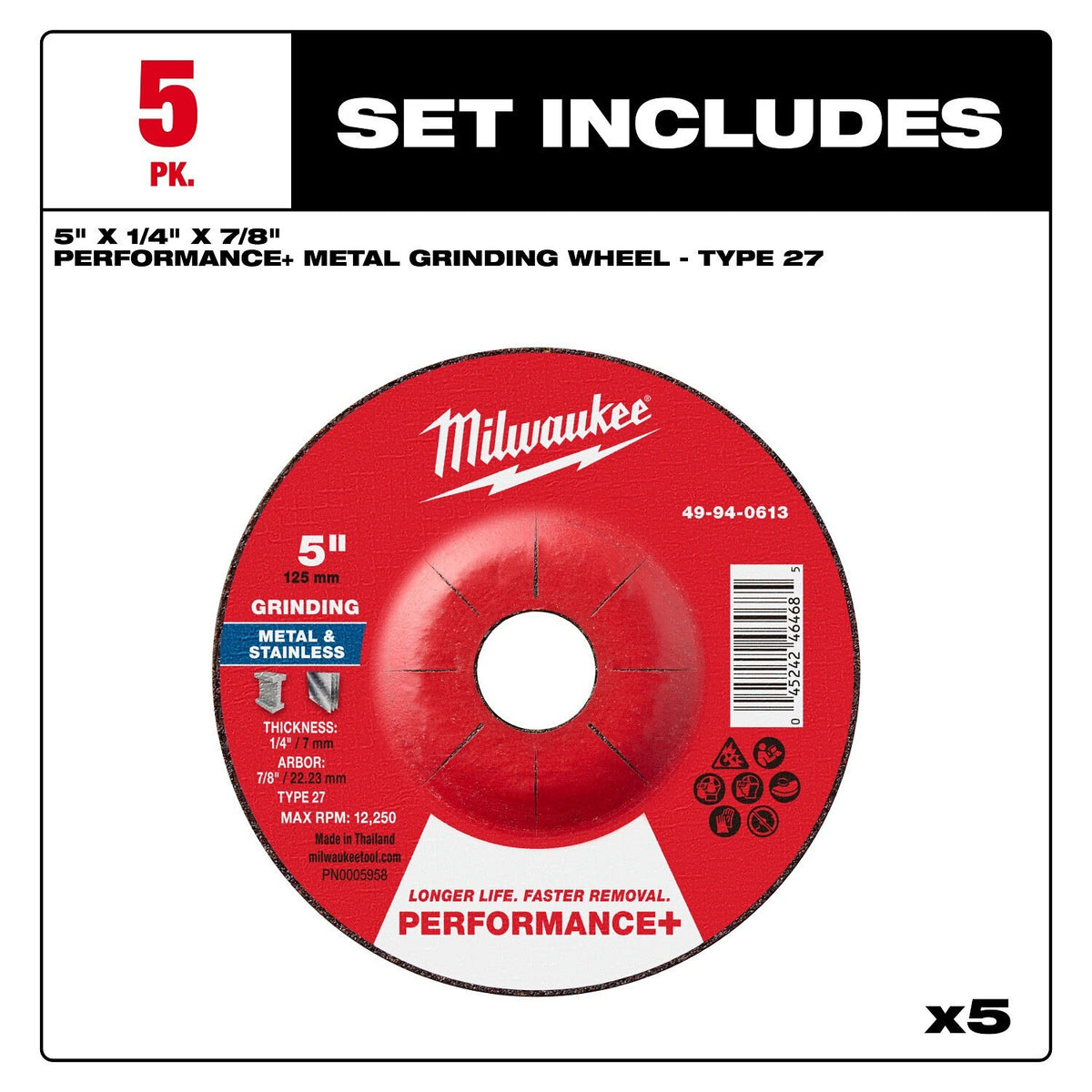 Milwaukee 49-94-0610 5 in. x 1/4 in. x 7/8 in. Performance Plus Type 27 Metal Grinding Wheel for Angle Grinders (5 Pack) - 8