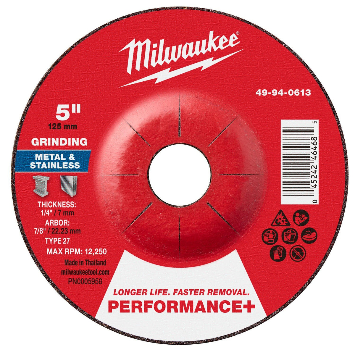 Milwaukee 49-94-0613 5 in x 1/4 in x 7/8 in Performance Plus Metal Grinding Wheel Type 27 (10 Pack)