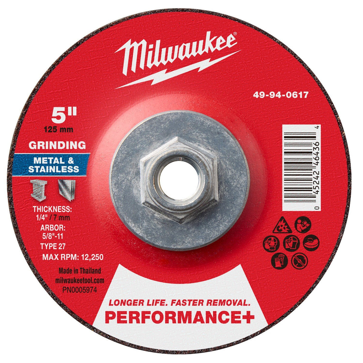 Milwaukee 49-94-0617 5 in. x 1/4 in. x 5/8 in.-11 Performance+ Metal Grinding Wheel Type 27 (5 Pack)
