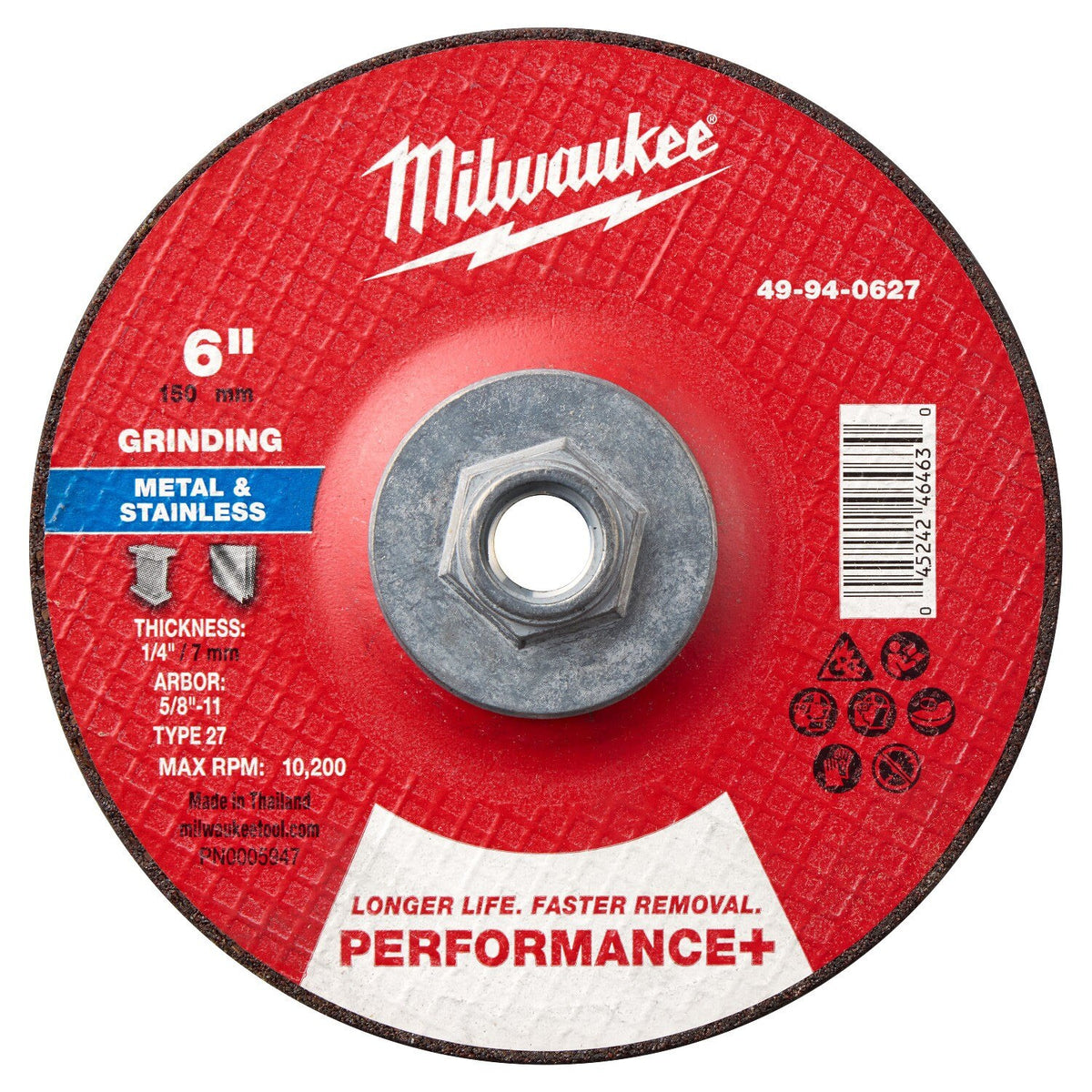 Milwaukee 49-94-0627 6 in. x 1/4 in. Type 27 Metal Grinding Wheel with 5/8-11 Hub (5 Pack)