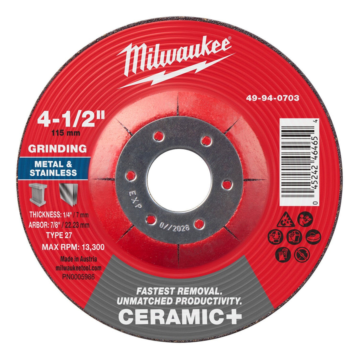 Milwaukee 49-94-0703 4-1/2 in x 1/4 in x 7/8 in Ceramic+ Metal Grinding Wheel Type 27 (10 Pack)