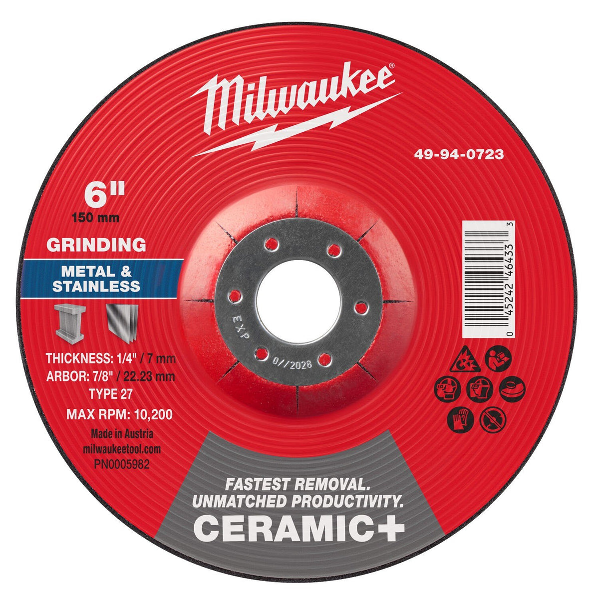 Milwaukee 49-94-0723 6 in. x 1/4 in. x 7/8 in. Ceramic+ Metal Grinding Wheel Type 27 (10 Pack)