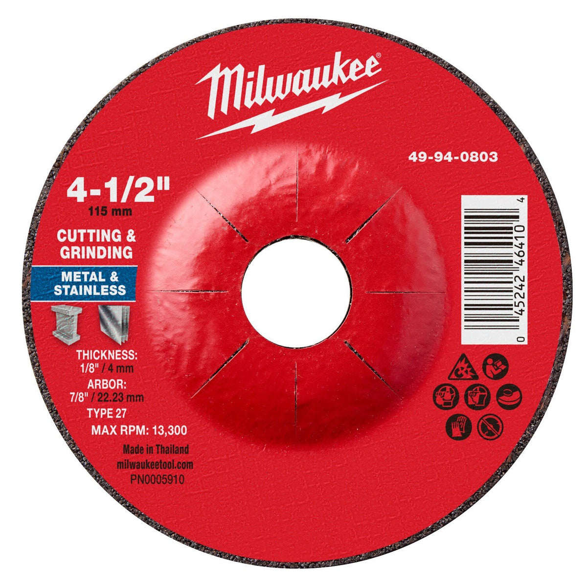 Milwaukee 49-94-0803 4-1/2 x 1/8 x 7/8 Dual Metal Cut and Grind Wheel Type 27 (25 Pack)