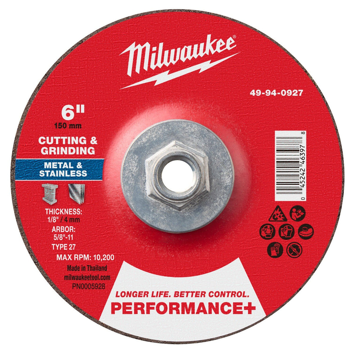 Milwaukee 49-94-0927 6 in. x 1/8 in. x 5/8-11 Performance Plus Dual Metal Cut and Grind Wheel Type 27 (10 Pack)