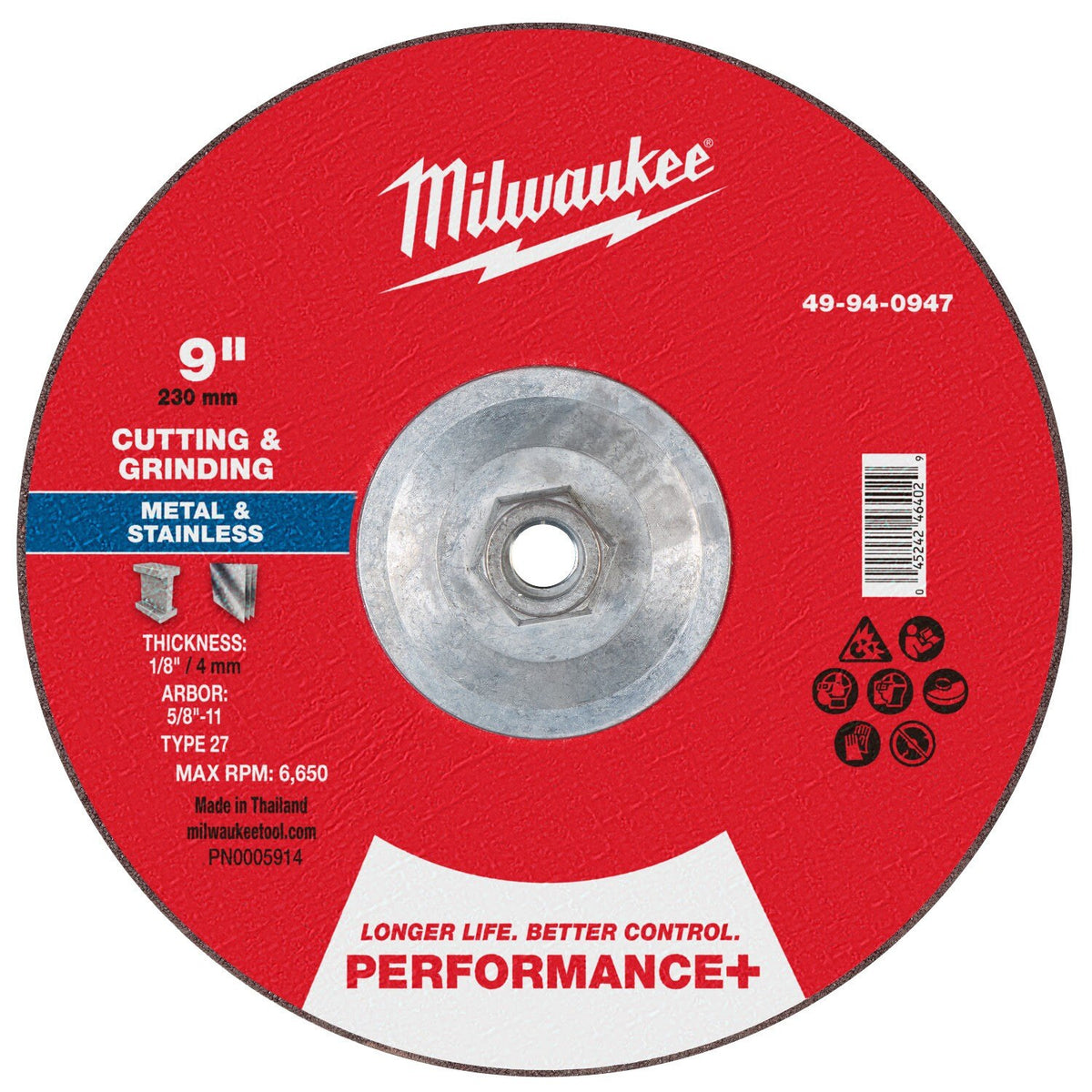 Milwaukee 49-94-0947 9 in. x 1/8 in. Type 27 Performance+ Dual Metal Cut and Grind Wheel 5/8-11 (10 Pack)