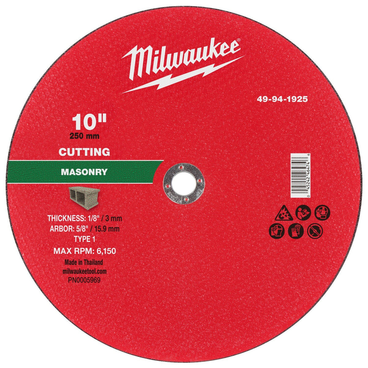 Milwaukee 49-94-1925 10 in x 1/8 in x 5/8 in Type 1 Masonry Cut Off Wheel (10 Pack)