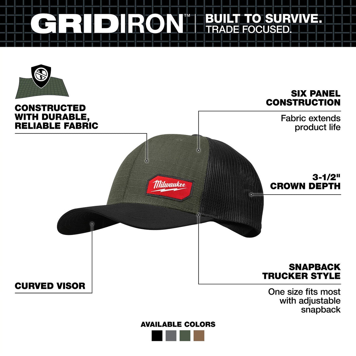 Milwaukee 505E GRIDIRON Snapback Trucker Hat Green with 3-1/2" Crown - 2