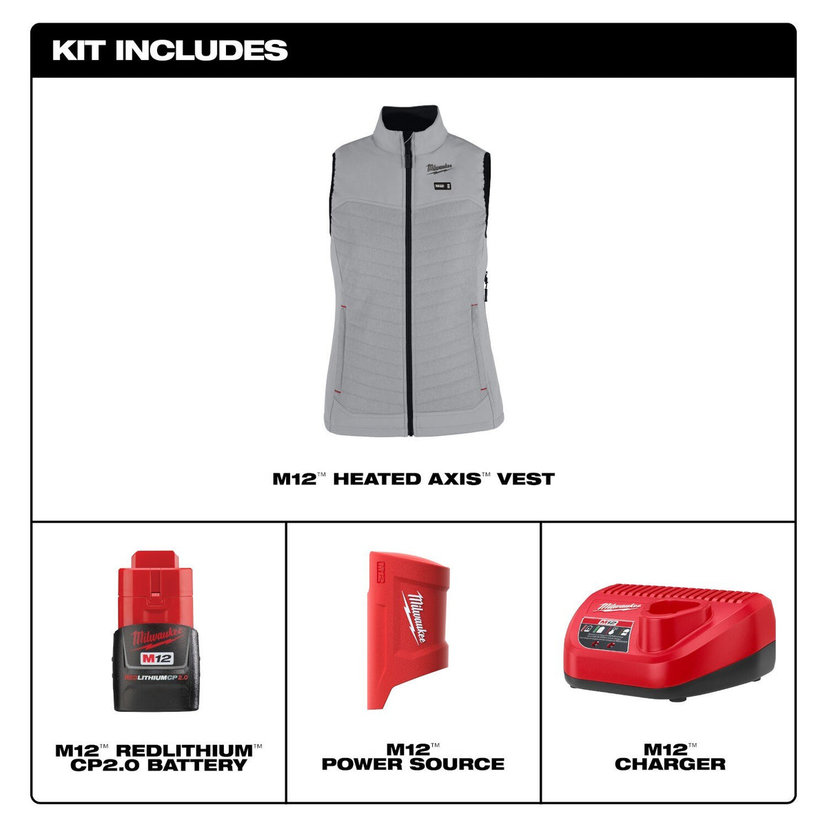 Milwaukee F300G-21 M12 Women's Gray Axis Vest with (1) 2.0 Ah Battery and Charger - 5