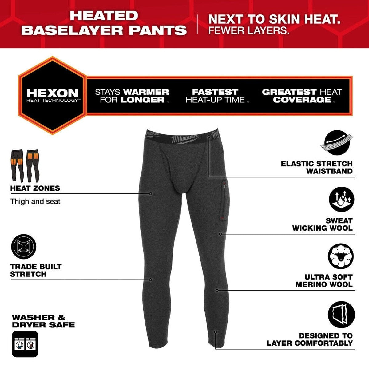 Milwaukee M600B-21 Heated Merino Wool Baselayer Pants Kit with 2.5Ah Battery App Control - 2