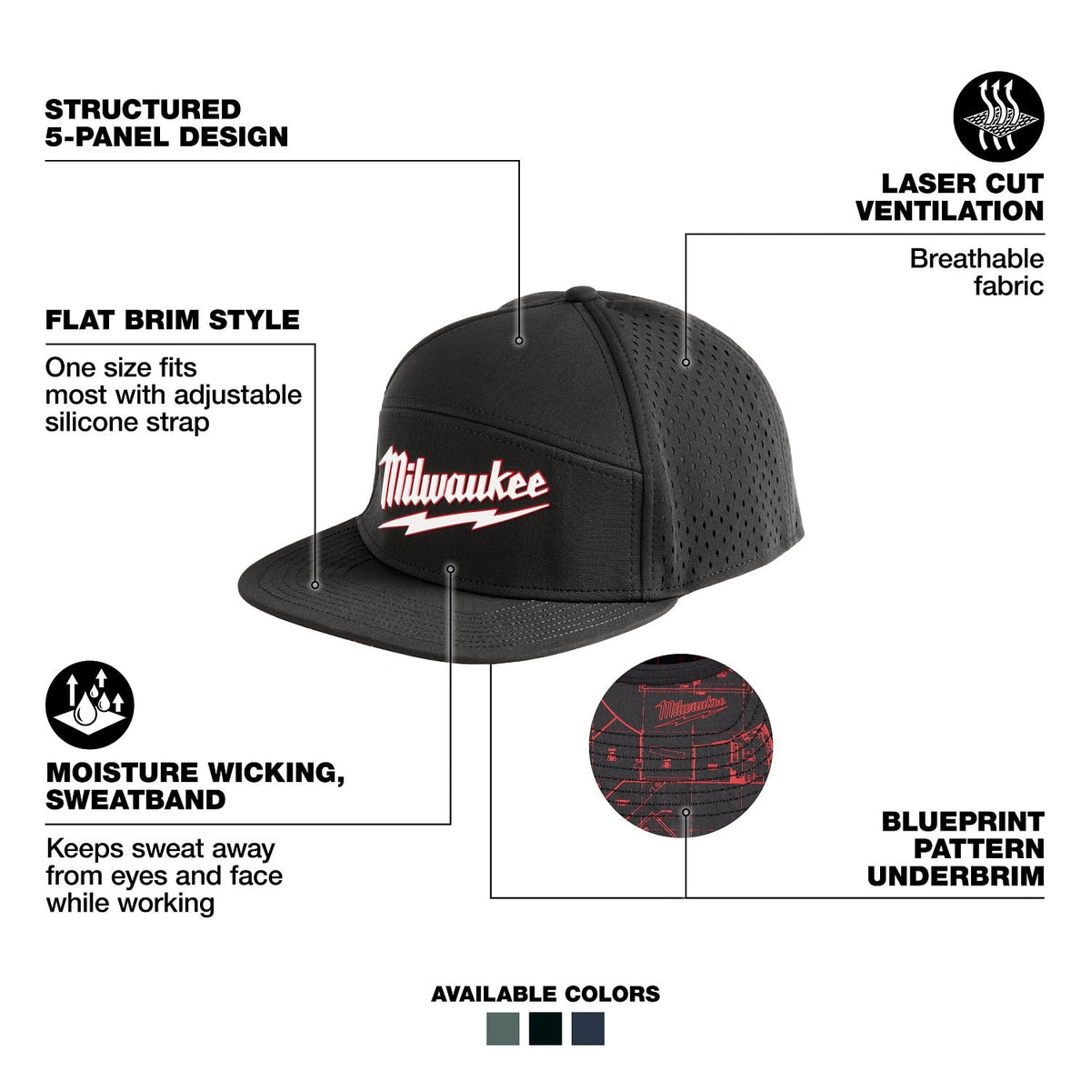 Milwaukee M771B Flat Brim Snapback Hat with Laser Cut Ventilation (1 Hat) - 2