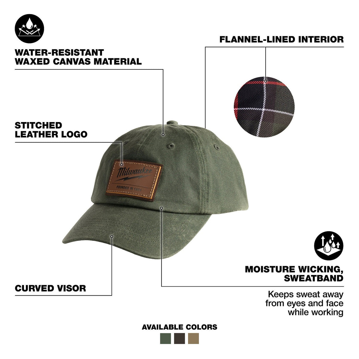 Milwaukee M772E Waxed Canvas Adjustable Hat Green Water Resistant with Leather Strap - 2
