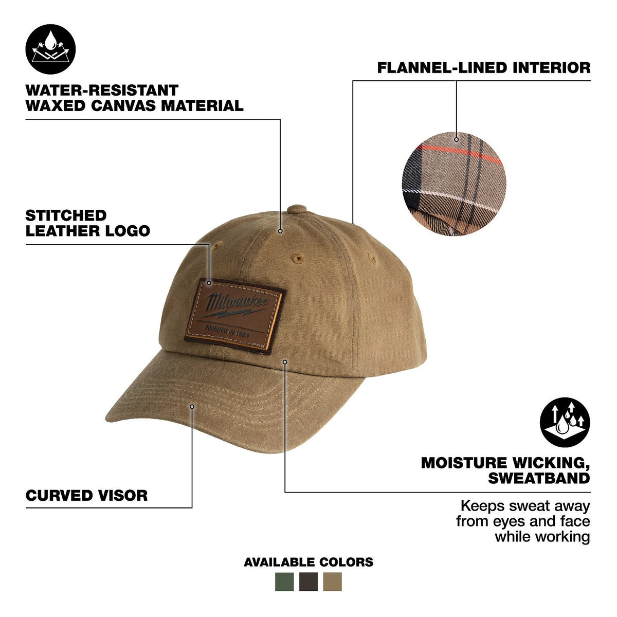 Milwaukee M772K Waxed Canvas Adjustable Hat Water Resistant Flannel Lined Khaki - 2