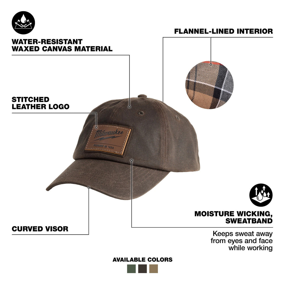Milwaukee M772N Waxed Canvas Adjustable Hat Water Resistant Flannel Lined Brown - 2