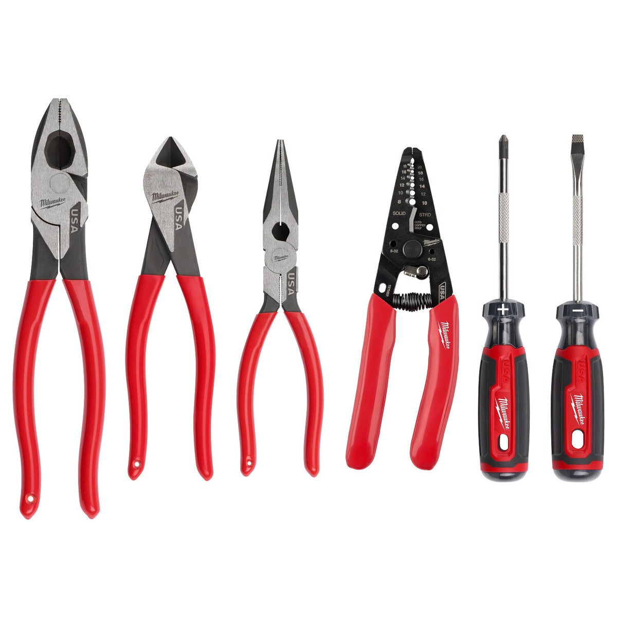 Milwaukee MT500-6 Dipped Grip Pliers Wire Stripper and Screwdriver Set Made in USA (6 Piece Set)