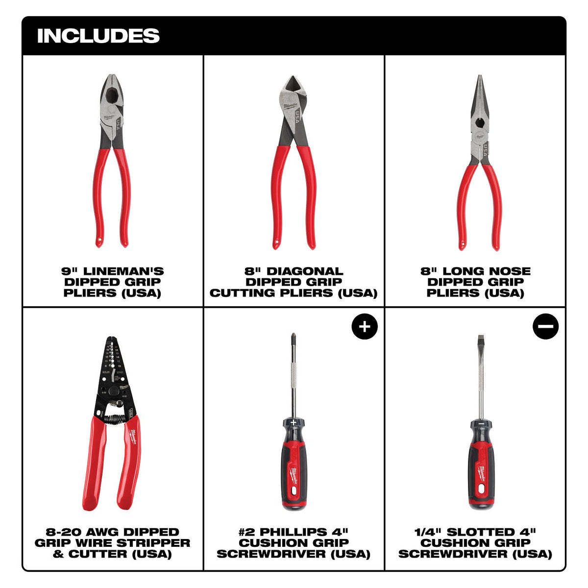 Milwaukee MT500-6 Dipped Grip Pliers Wire Stripper and Screwdriver Set Made in USA (6 Piece Set) - 2