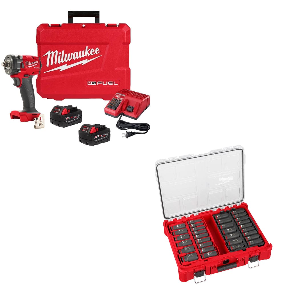 Milwaukee 2855-22R M18 FUEL Impact Wrench Kit W/ FREE 49-66-6806 31Pc Socket Set