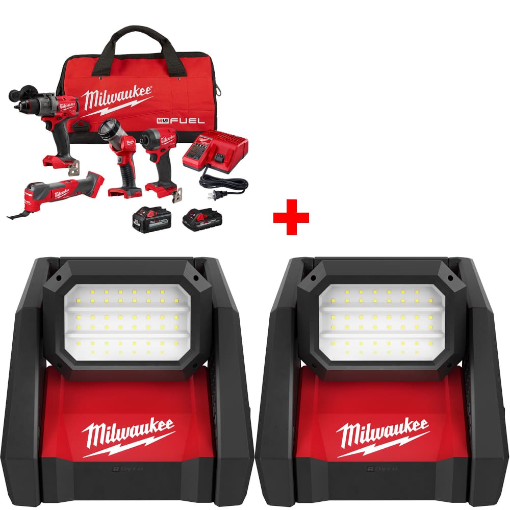 Milwaukee 3698-24MT M18 4-Tool Combo Kit w/ FREE 2366-20 M18 Flood Light, 2-Pack