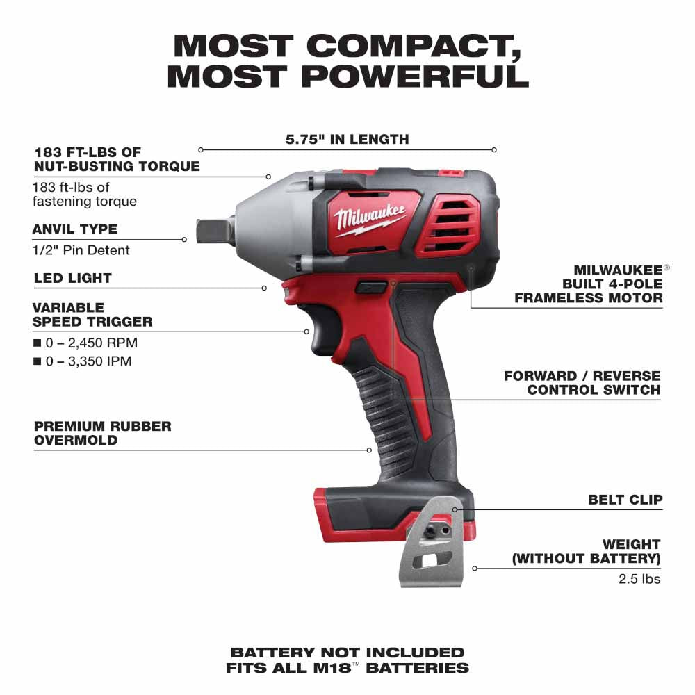 Milwaukee 2659-20 M18 1/2" Impact Wrench with Pin Detent, Bare Tool