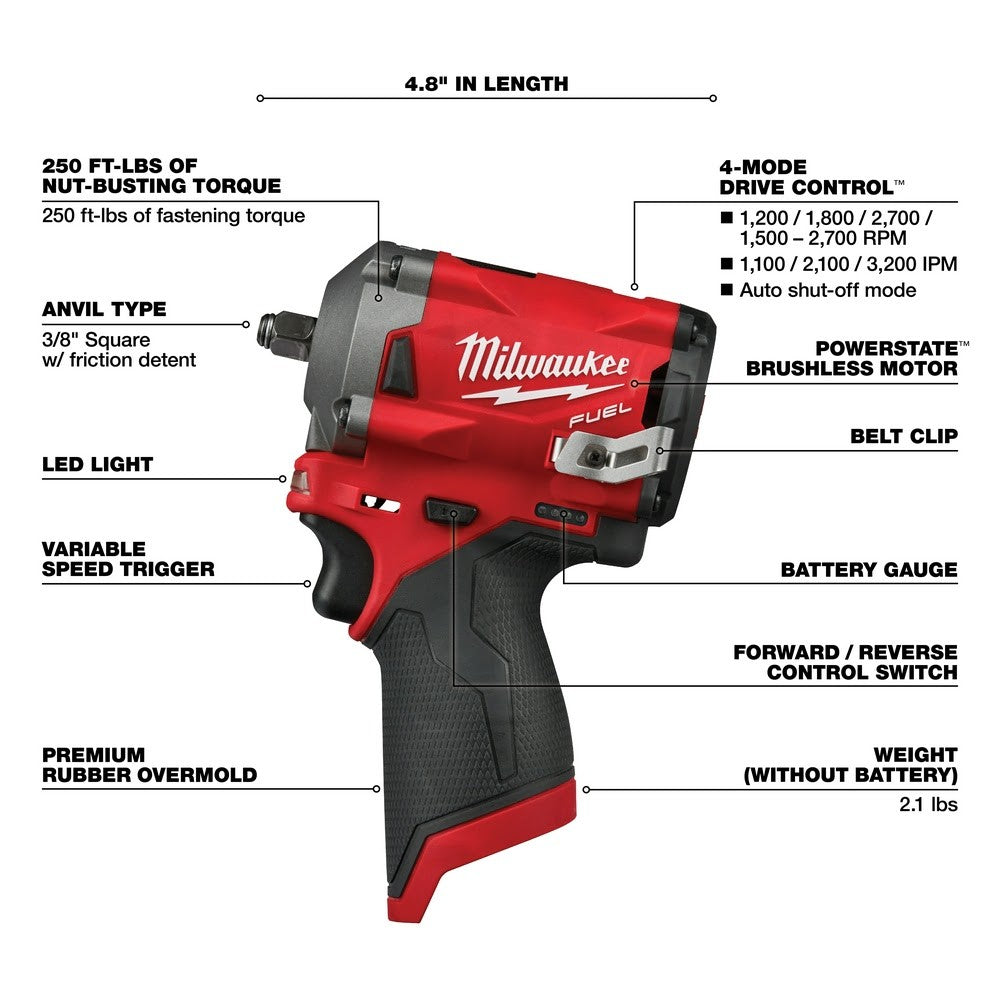 Milwaukee 2554-20 M12 FUEL Stubby 3/8" Impact Wrench, Bare