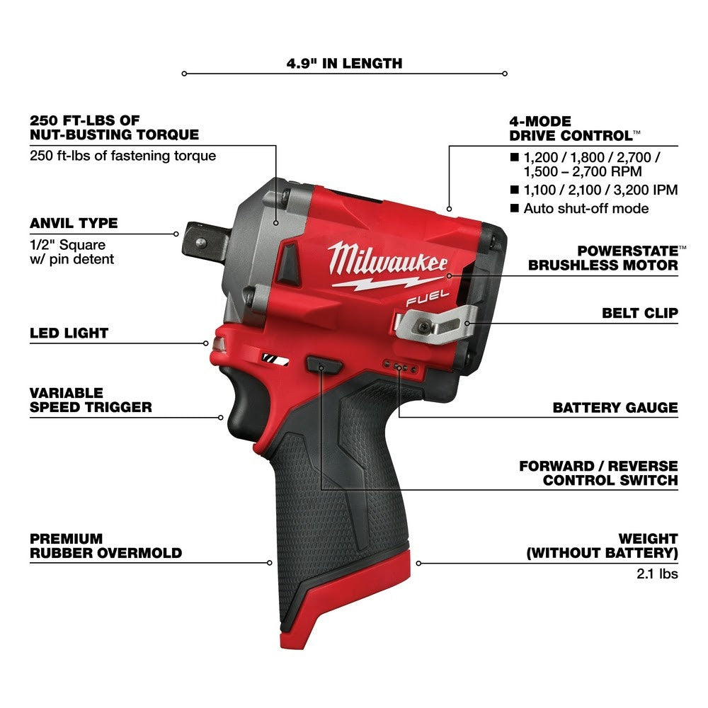 Milwaukee 2555P-20 M12 FUEL Stubby 1/2" Pin Impact Wrench, Bare