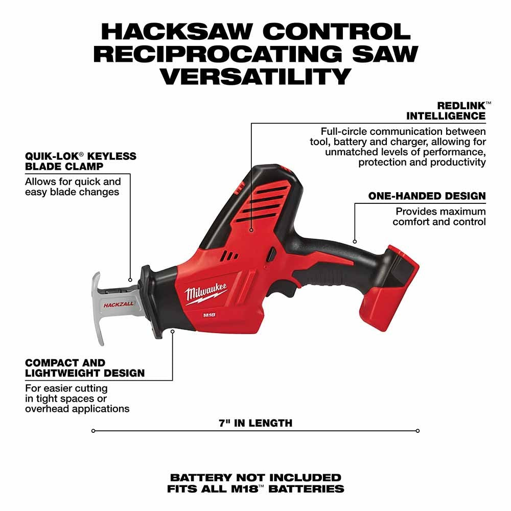 Milwaukee 2625-20 M18 18V Hackzall Cordless One-Handed Reciprocating Saw (Tool Only, No Battery)