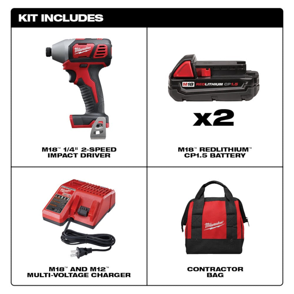 Milwaukee 2656-22CT M18 Cordless 1/4" Hex Impact Driver Tool Kit