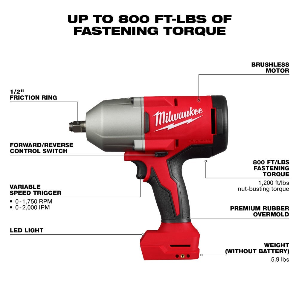 Milwaukee 2666-20 M18 Brushless 1/2" High Torque Impact Wrench w/ Friction Ring, Bare