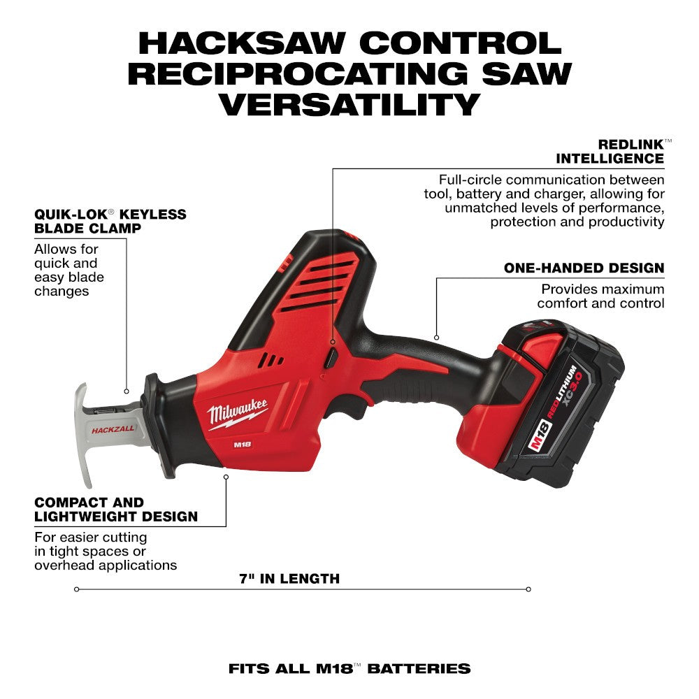 Milwaukee 2695-24 M18 Cordless Combo Compact Hammer Drill/Hackzall/1/4 Hex Impact Driver/Work Light/Charger/2 Battery