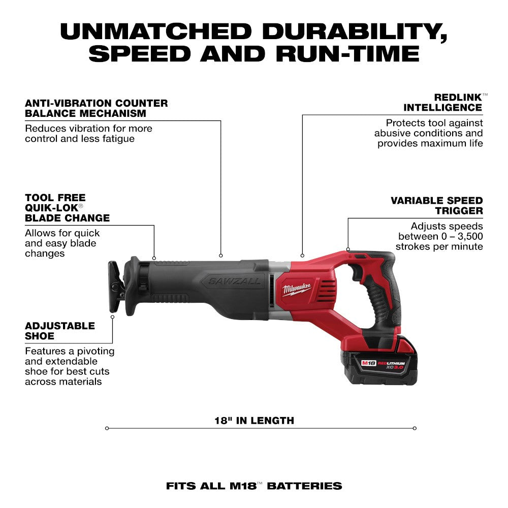 Milwaukee 2696-24 M18 Cordless Combo Compact Hammer Drill/Sawzall/1/4 Hex Impact Driver/Work Light/Charger/2 Battery
