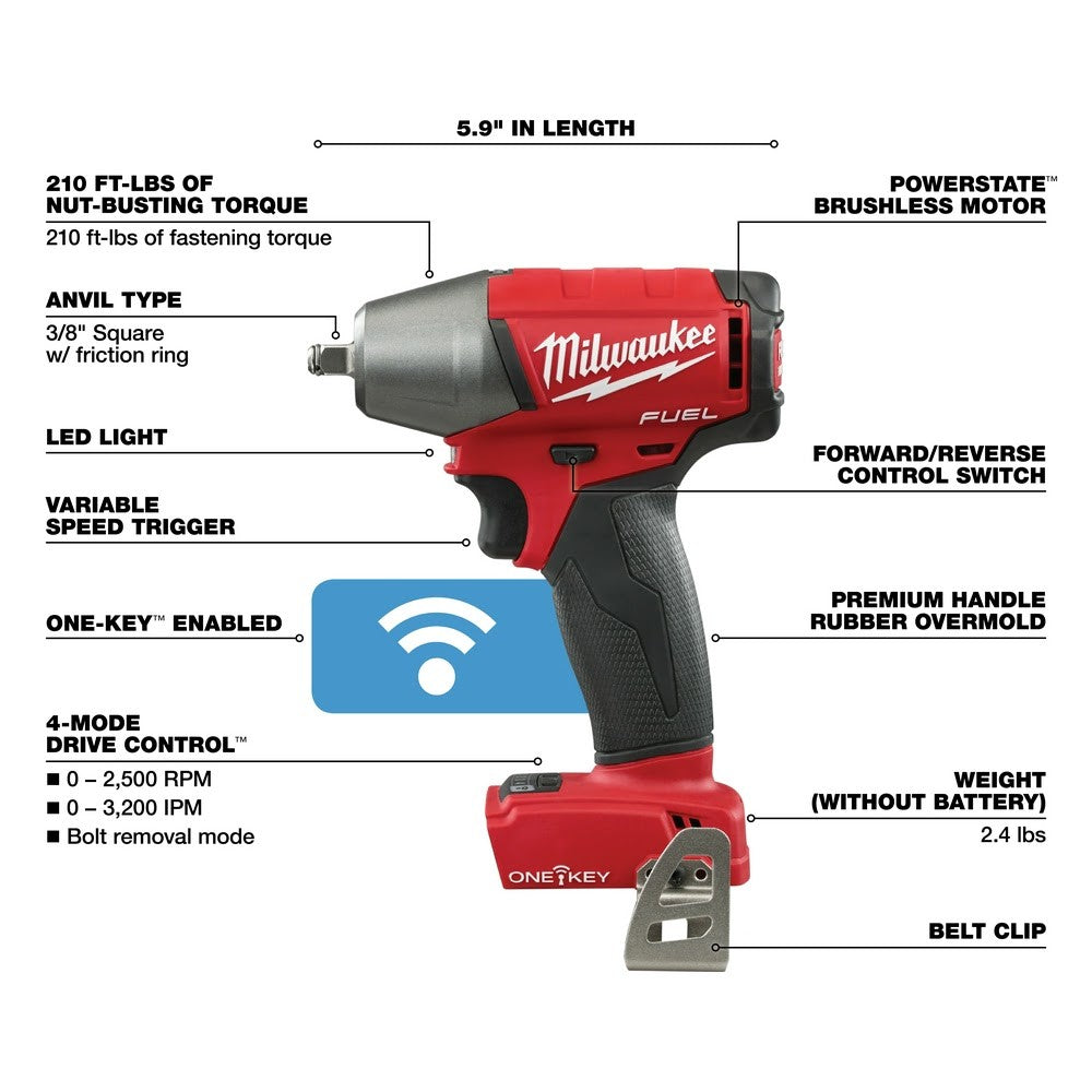 Milwaukee 2758-20 M18 FUEL 3/8" Compact Impact Wrench with Friction Ring with ONE-KEY, Bare Tool