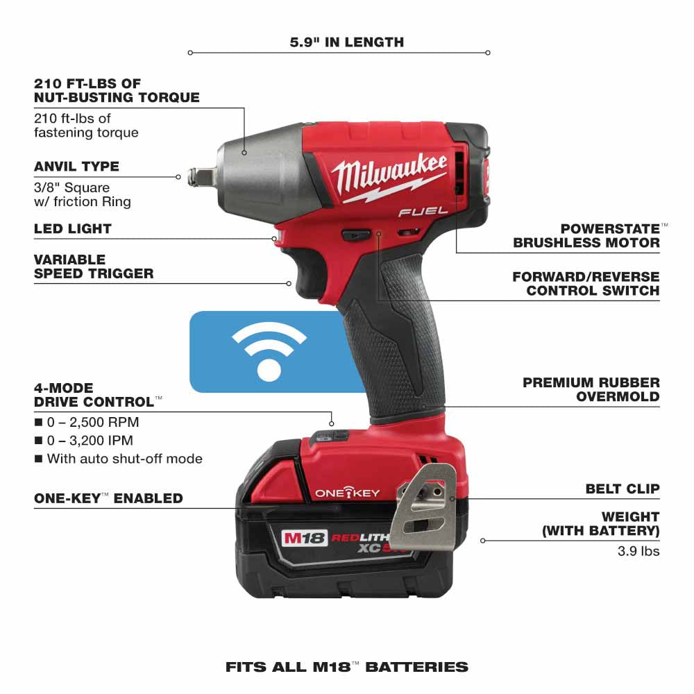 Milwaukee 2758-22 M18 FUEL 3/8" Compact Impact Wrench with Friction Ring with ONE-KEY Kit