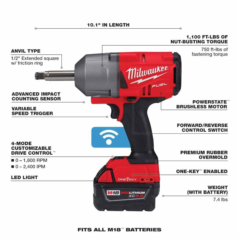 Milwaukee 2769-22 M18 FUEL 1/2" Ext. Anvil Controlled Torque Impact Wrench w/ ONE-KEY Kit