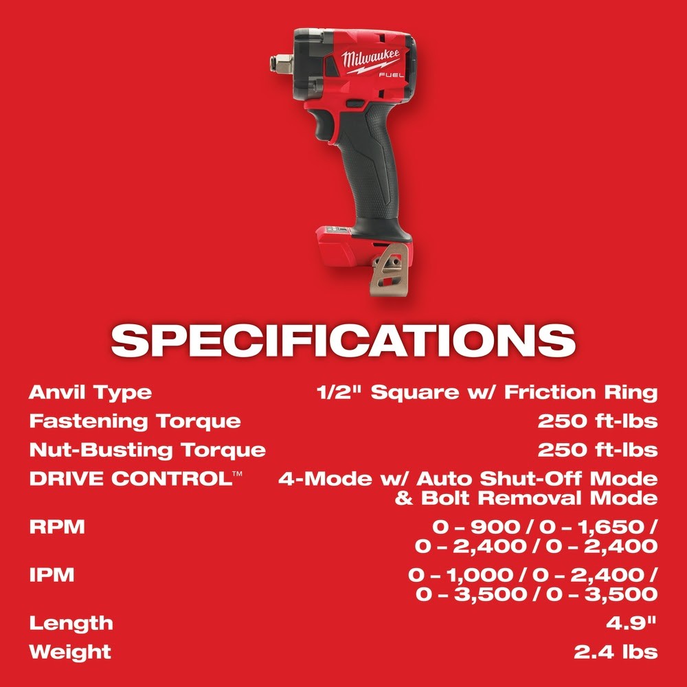 Milwaukee  2855-20 M18 FUEL™ 1/2" Compact Impact Wrench w/ Friction Ring, Bare Tool