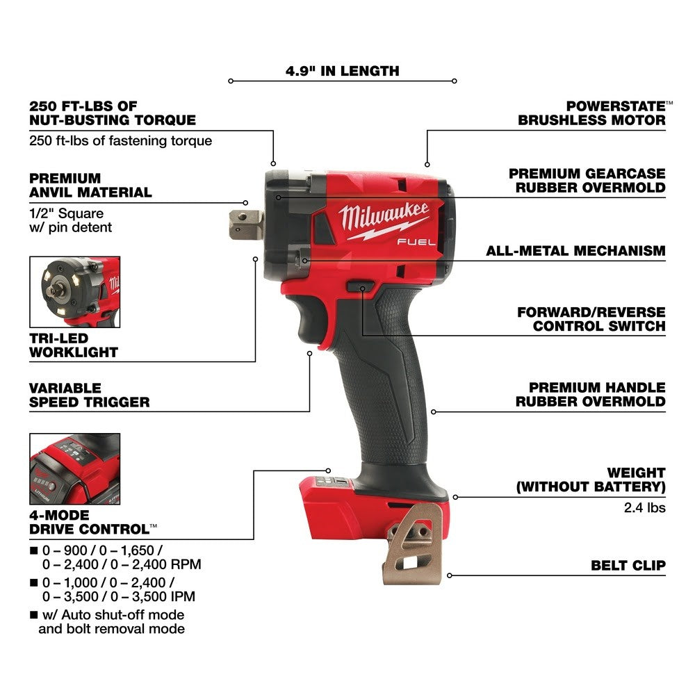 Milwaukee  2855P-20 M18 FUEL™ 1/2" Compact Impact Wrench w/ Pin Detent, Bare Tool