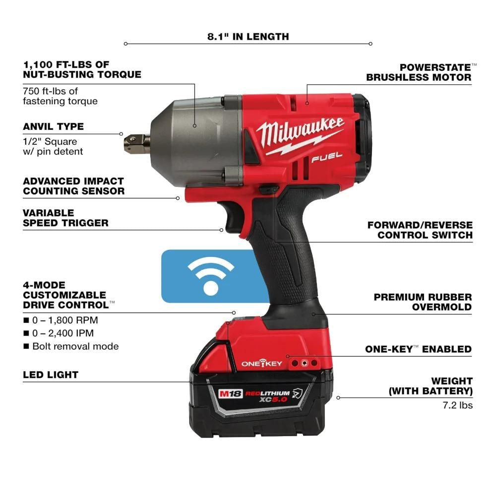 Milwaukee 2862-22R M18 FUEL  w/ ONE-KEY High Torque Impact Wrench 1/2" Pin Detent Kit