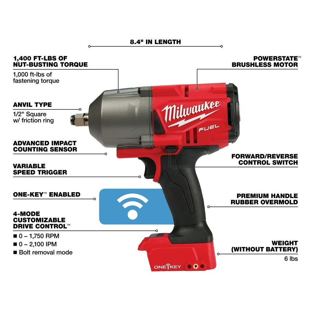 Milwaukee 2863-20 M18 FUEL ONE-KEY High Torque Impact Wrench 1/2" Friction Ring, Bare
