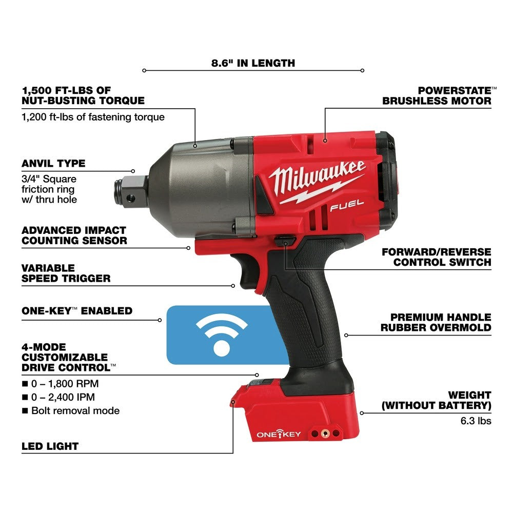 Milwaukee 2864-20 M18 FUEL ONE-KEY High Torque Impact Wrench 3/4" Friction Ring, Bare