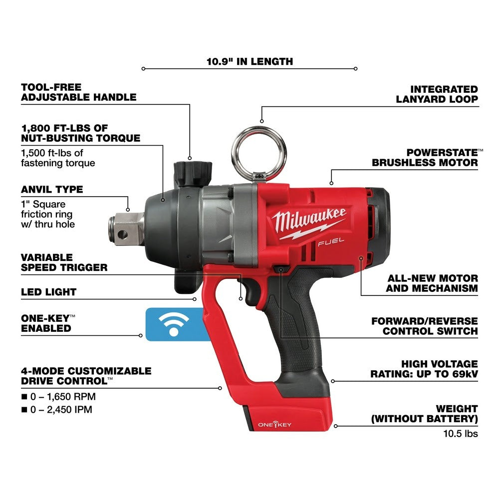 Milwaukee 2867-20 M18 FUEL 1" HTIW Impact Wrench w/ ONE-KEY, Bare Tool