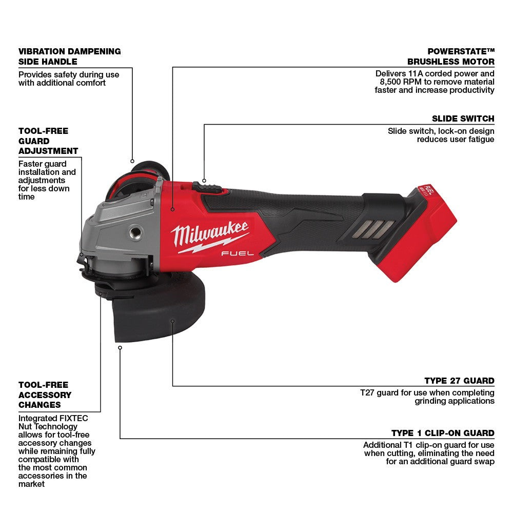 Milwaukee 2881-20 M18 FUEL™ 4-1/2"/5" Grinder Slide Switch, Lock-On, Bare Tool