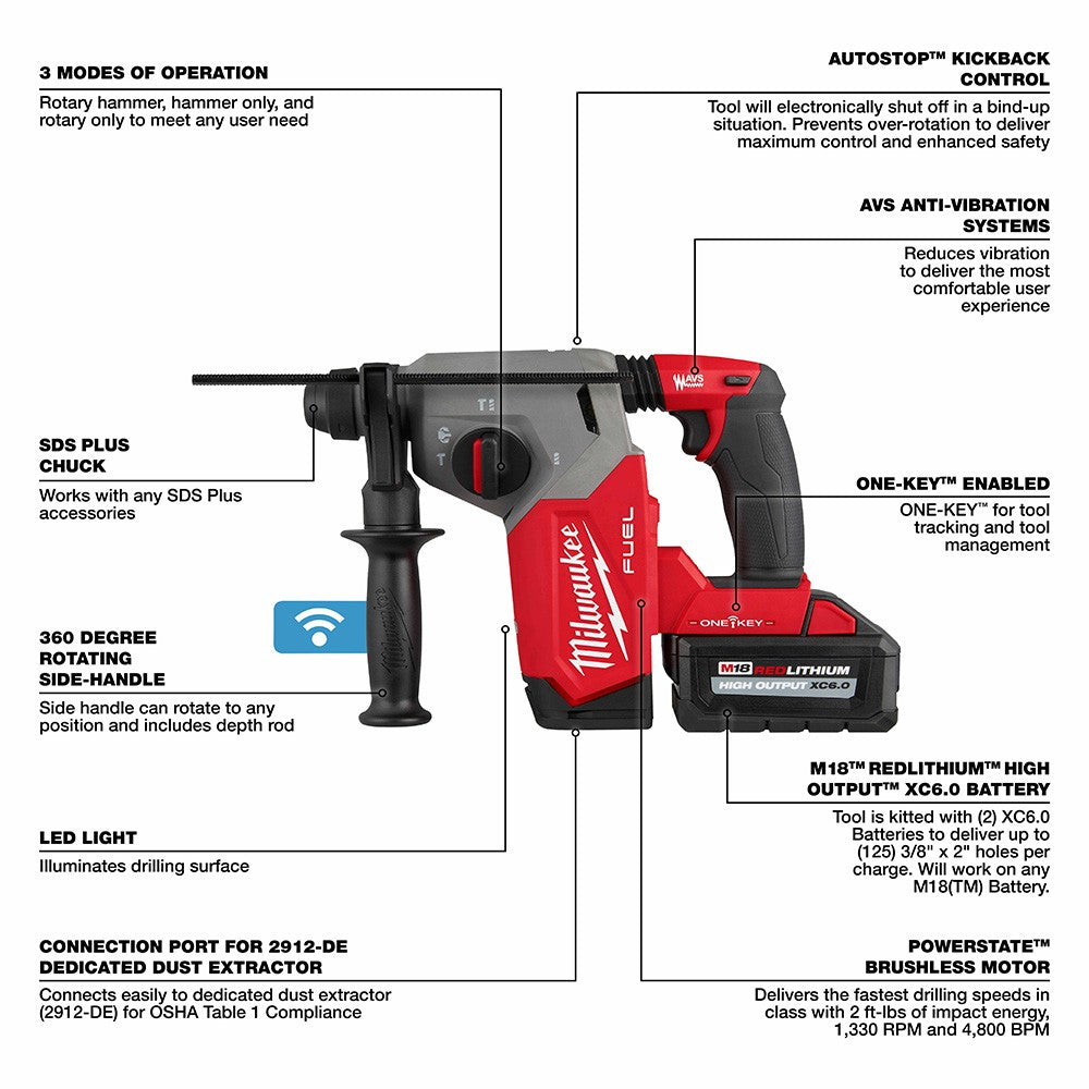Milwaukee 2914-22DE M18 FUEL™ 1" SDS Plus Rotary Hammer w/ ONE-KEY™ Dust Extractor Kit